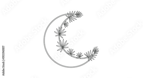 Crescent moon with cannabis leaves, stylized celestial illustration, minimalist design