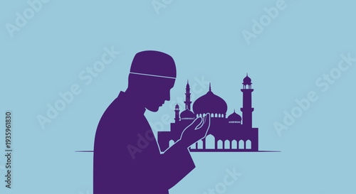 Muslim Man Praying in Silhouette in front of a Mosque