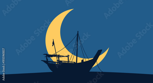 Silhouette of a Dhow Boat against a Crescent Moon and Dark Blue Sky