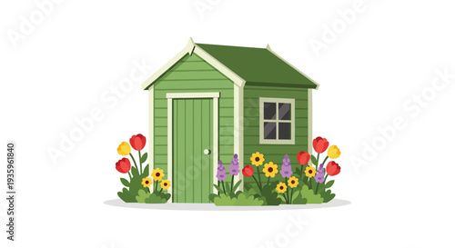 A charming green garden shed is surrounded by colorful flowers creating a peaceful outdoor scene silhouette high quality professional detailed modern
