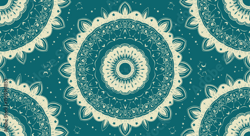 Teal and cream mandala seamless pattern, vintage textile design motif