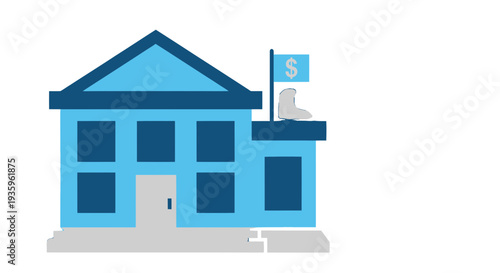 Blue School Building with Flag.