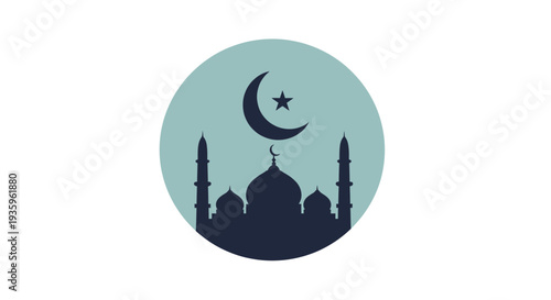 Islamic Mosque Silhouette with Crescent Moon and Star in Circle