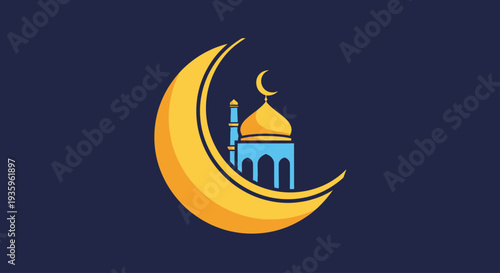 Crescent moon with mosque and minaret on dark blue background, Islamic symbol