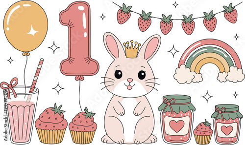 Adorable Bunny's First Birthday Party Set: Rabbit with crown, number '1' balloon, milkshake, cupcakes, jam jars, and rainbow for a sweet celebration.