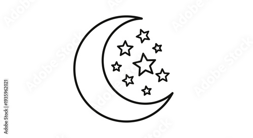 Crescent moon with stars icon, simple outline graphic, night sky element.