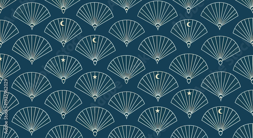 Art Deco Fan Pattern with Stars and Moons on Deep Blue Background