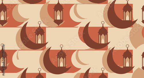 Islamic Geometric Pattern with Crescent Moon and Lanterns - Ramadan Kareem Background