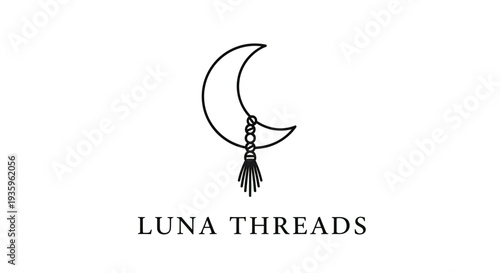 Minimalist crescent moon logo with beads and tassel, Luna Threads text