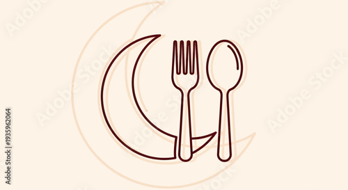 Ramadan Iftar Meal Icon: Spoon, Fork and Crescent Moon Symbol