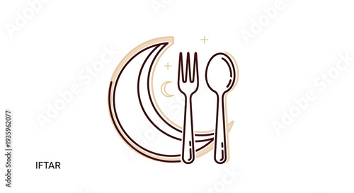 Iftar meal icon: crescent moon with fork and spoon, Ramadan symbol