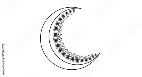 Crescent moon shape with small boats lined up inside, outline style