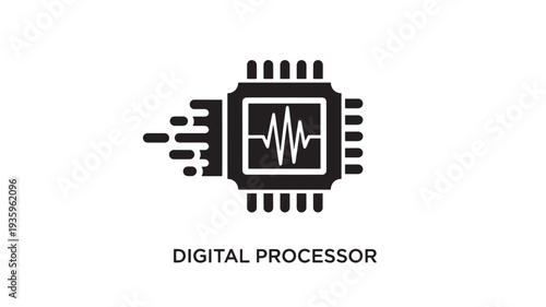 A black vector illustration of a digital processor icon with a heartbeat line, on a white background, symbolizing technology and innovation.