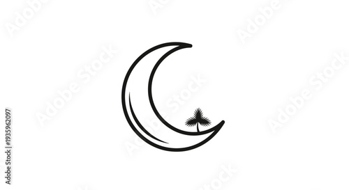 Crescent Moon with Star and Tree Silhouette on White Background