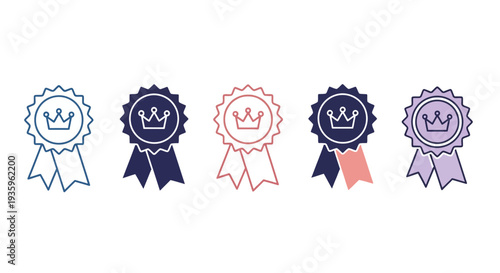 Set of premium quality award ribbon vector icons with elegant crown symbols, perfect for celebrating success, achievement, and recognition in various digital and print designs