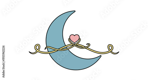 Crescent Moon with Heart and Swirls - Romantic Evening Symbol