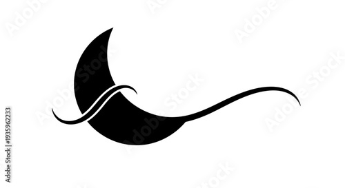 Elegant Black Crescent Moon with Swirling Line on White Background