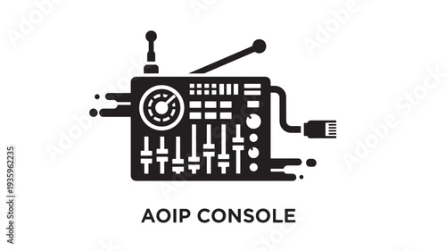 A sleek vector illustration of an AOIP console, a cutting-edge audio over IP broadcasting equipment, set against a clean white background, ideal for tech and broadcasting concepts.