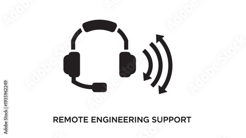 A black vector illustration of a headset with sound waves, representing remote engineering support and technical assistance, on a clean white background.