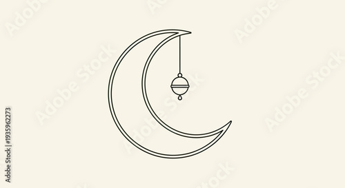 Crescent Moon with Hanging Lantern Icon on Beige Background