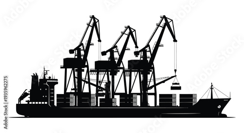 A stark black silhouette depicts a cargo ship docked amongst industrial cranes at a busy port silhouette high quality professional detailed