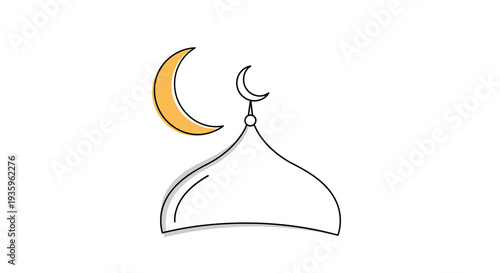 Islamic Crescent Moon and Mosque Dome Line Art Icon