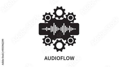 A black and white logo featuring a sound wave surrounded by gears with the text 'AUDIOFLOW' below, representing technology and audio engineering.