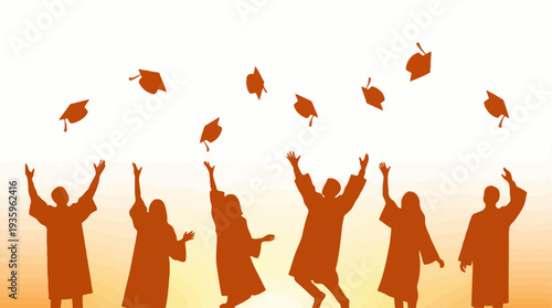 Graduates in robes celebrating achievement with flying caps from university