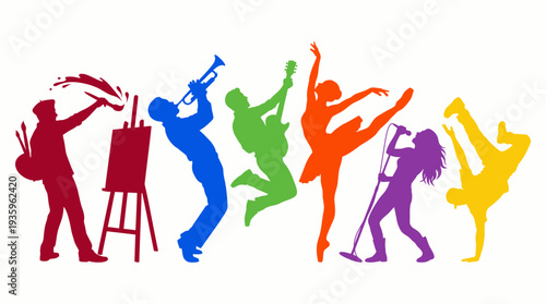 Vibrant silhouettes of artists and musicians performing together in a dynamic dance scene
