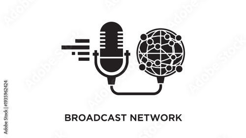 A black and white logo featuring a microphone connected to a globe, representing a broadcast network, on a clean white background with a professional aesthetic.