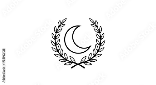 Crescent Moon Inside Laurel Wreath Emblem, Minimalist Black and White Icon
