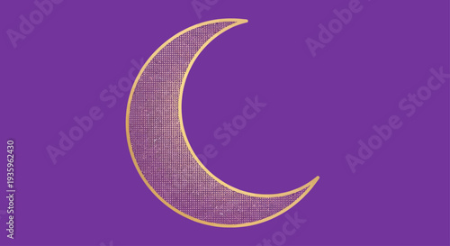 Golden crescent moon icon with glitter texture on purple background