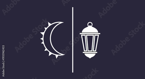 Ramadan Islamic crescent moon and lantern icon, dark blue background