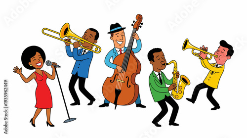 Vibrant cartoon illustration of musicians performing on stage with singer and various instruments in dynamic poses