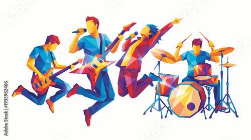 Energetic musicians performing on stage with guitars and drums in a lively concert environment