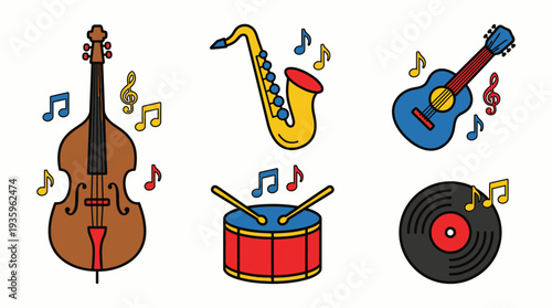 A colorful illustration of music notes and various musical instruments on display