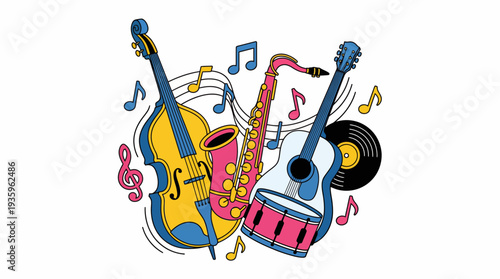 Vibrant musical instruments including violin saxophone guitar and record surrounded by colorful notes in lively illustration