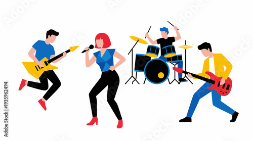 Energetic band performing live on stage with guitars and drums