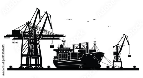 A stark black silhouette depicts a busy harbor scene with cranes a cargo ship and waterfront structures silhouette high quality professional