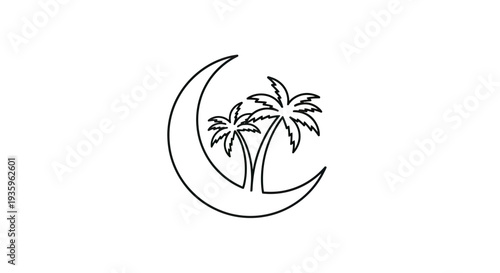 Crescent moon and palm trees outline icon