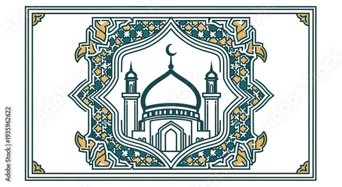 Islamic Mosque Architecture with Crescent Moon and Geometric Patterns