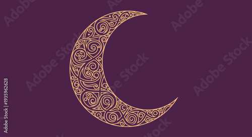 Ornate Crescent Moon with Swirls on Purple Background