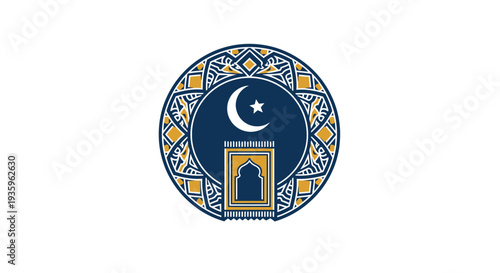 Islamic Symbol of Crescent Moon, Star, and Prayer Rug in Geometric Circle