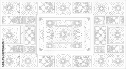 Ornate Geometric Ceiling Design, Intricate Floral Patterns, Art Deco Style