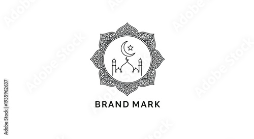 Islamic Mosque and Crescent Moon Logo with Arabic Geometric Pattern