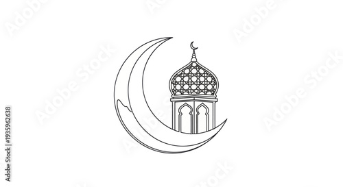 Crescent moon and mosque dome icon, Islamic symbol, Ramadan, Eid, Muslim celebration graphic