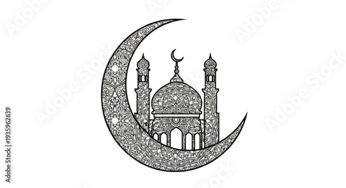 Islamic crescent moon with mosque silhouette, Ramadan and Eid celebration