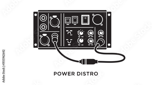 A detailed black vector illustration of a power distribution unit with a connected cable, showcasing industrial technology and electronic equipment on a clean white background.