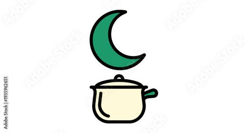 Crescent moon over cooking pot symbol, night cooking, simple icon