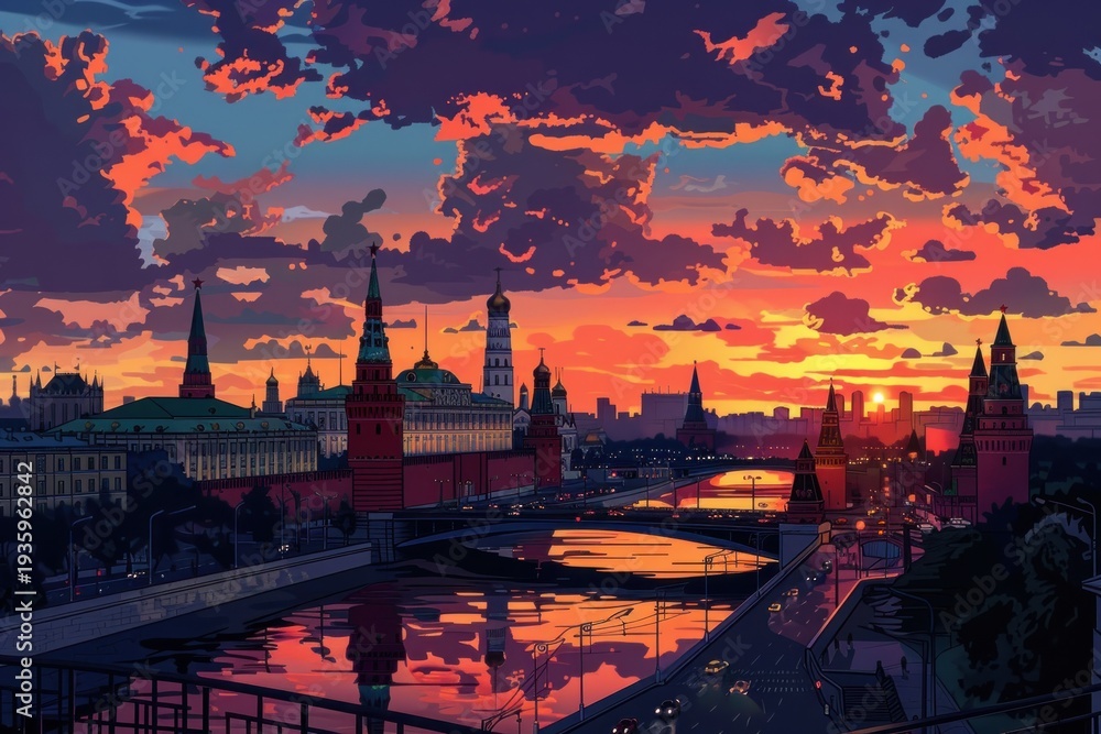 Naklejka premium Postcard with landscape of Moscow, Russia at sunset
